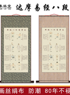 达摩易经立式八段锦健身气功挂画中医文化养生会所装饰卷轴丝绢画