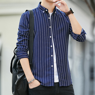 藏青色条纹衬衫男长袖纽扣免烫秋装职业装衬衣男士大码修身上衣服