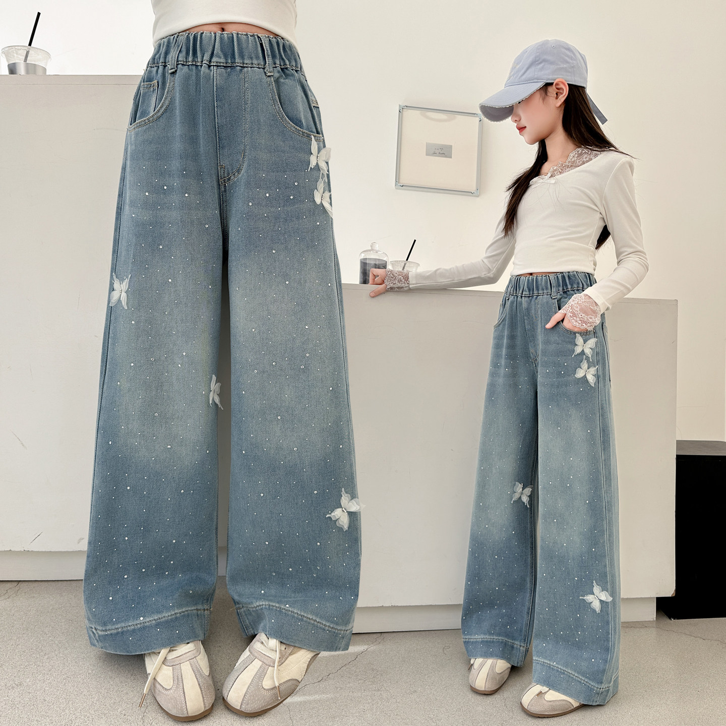 女童蝴蝶刺绣牛仔裤2026春季新款直筒洋气阔腿裤中大童休闲长裤潮