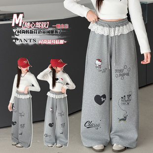 女童裤子春季新款儿童洋气卡通印花阔腿裤中大童宽松休闲慵懒卫裤