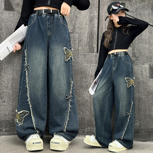 女童牛仔裤秋冬款2026新款儿童加绒加厚宽松休闲中大童阔腿裤长裤