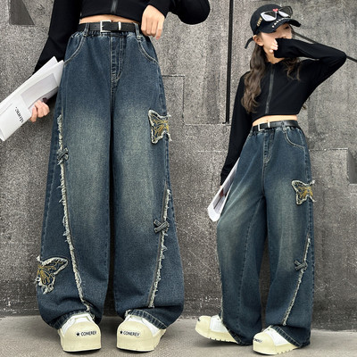 女童牛仔裤秋冬款宽松休闲阔腿裤