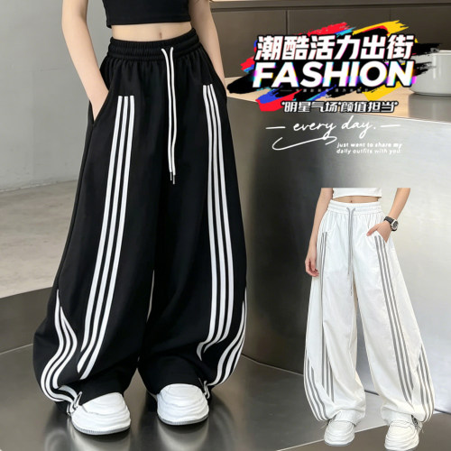 女童夏季速干条纹松紧腰阔腿裤