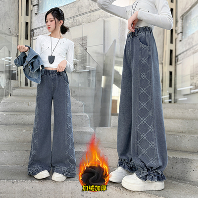 女童加绒牛仔裤秋冬直筒宽松长裤