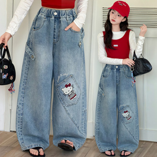 2026春季 中大童显瘦宽松长裤 新款 阔腿裤 潮 儿童工装 女童刺绣牛仔裤