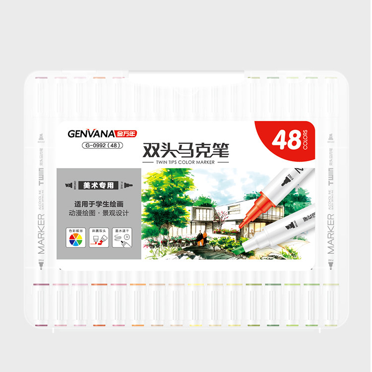 48色金万年彩色多色圆杆马克笔斜头学生绘画美术专用套装双头文具