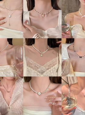 法式复古山茶花珍珠项链女小众设计高级感锁骨链时尚气质百搭颈链