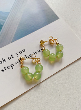 新中式复古水晶绿色串珠耳环高级感国风百搭气质耳坠时尚个性耳钉