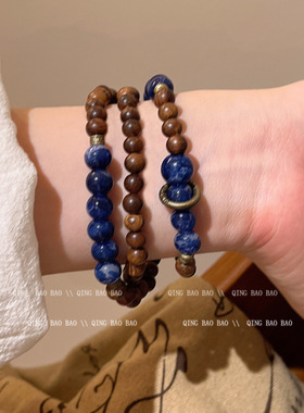 新中式双层叠带木珠手链女民族风复古蓝色水晶手串小众高级感手饰