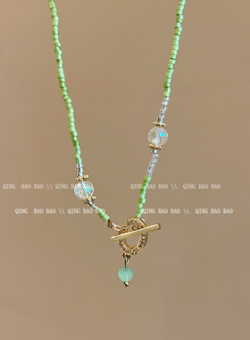 小清新绿色仿水晶花朵项链女百搭气质竹节锁骨链网红同款颈链