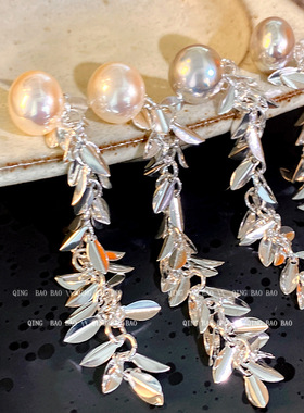 韩系麦穗清冷风灰色仿珍珠流苏耳环女高级感耳钉波光粼粼耳饰