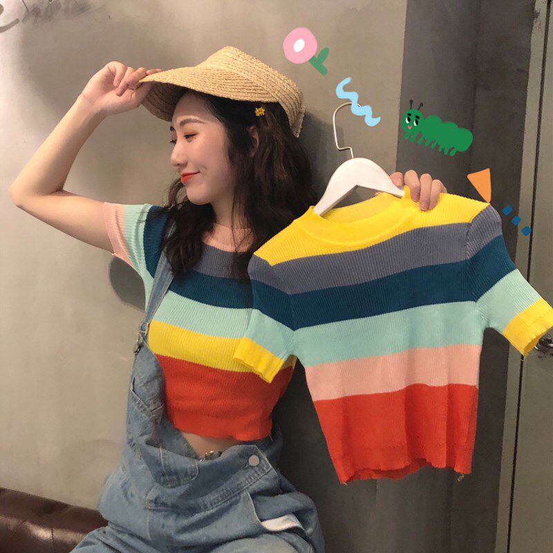 春季2020新款韩版彩虹条纹短袖T恤女针织打底衫修身短款露脐上衣|ruв категории Женская одежда, шерстяной свитер - от Buy2taobao.com для оказания профессиональной услуги покупки агента Taobao
