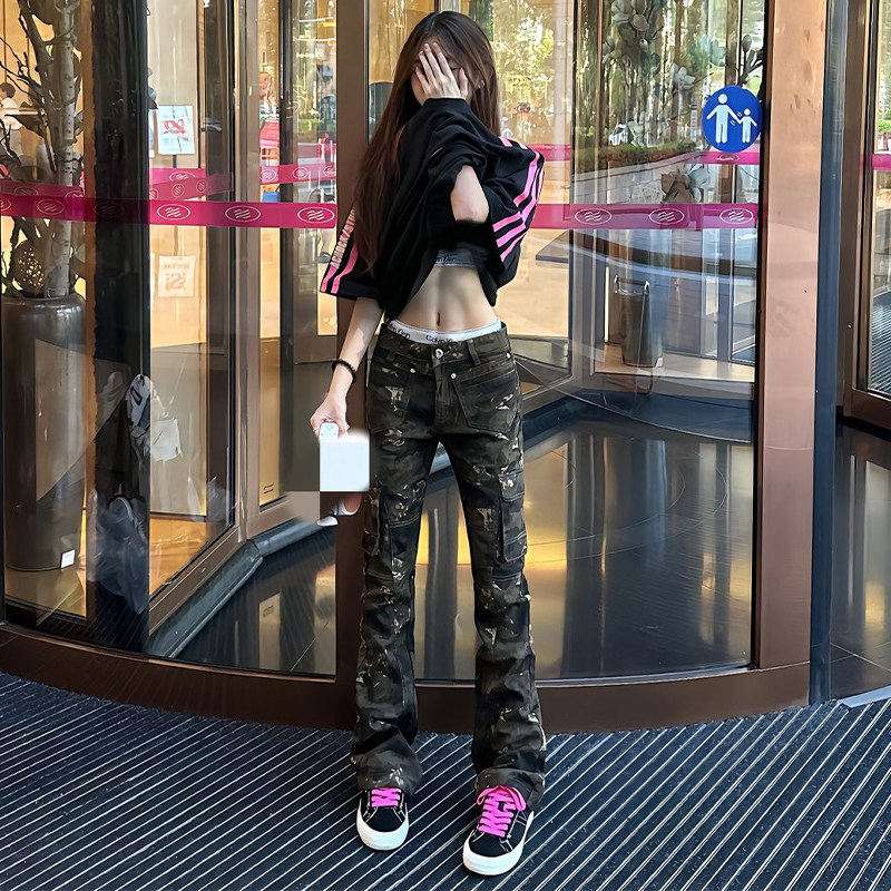 美式高街vibe迷彩工装裤男款cleanfit微喇叭裤子修身直筒高腰牛仔