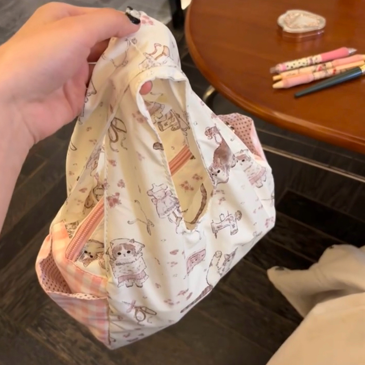 可爱猫咪碎花手腕包大容量上班族带饭手拎帆布包饭盒袋便当包餐包
