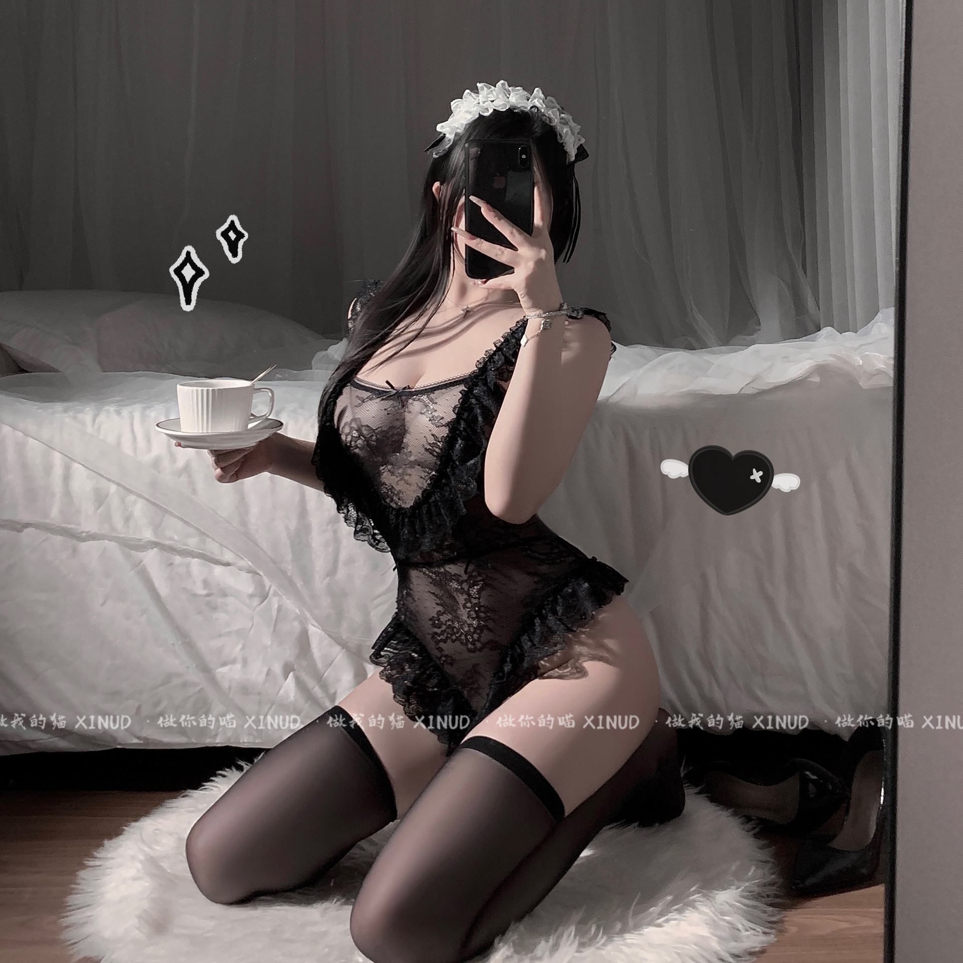 做你的猫：绯色欲望*纯欲网纱气质内衣透视蕾丝荷叶边性感连体衣