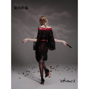 做你 日系古风腰封和服薄纱透视性感樱花睡袍制服 猫：花房舞町