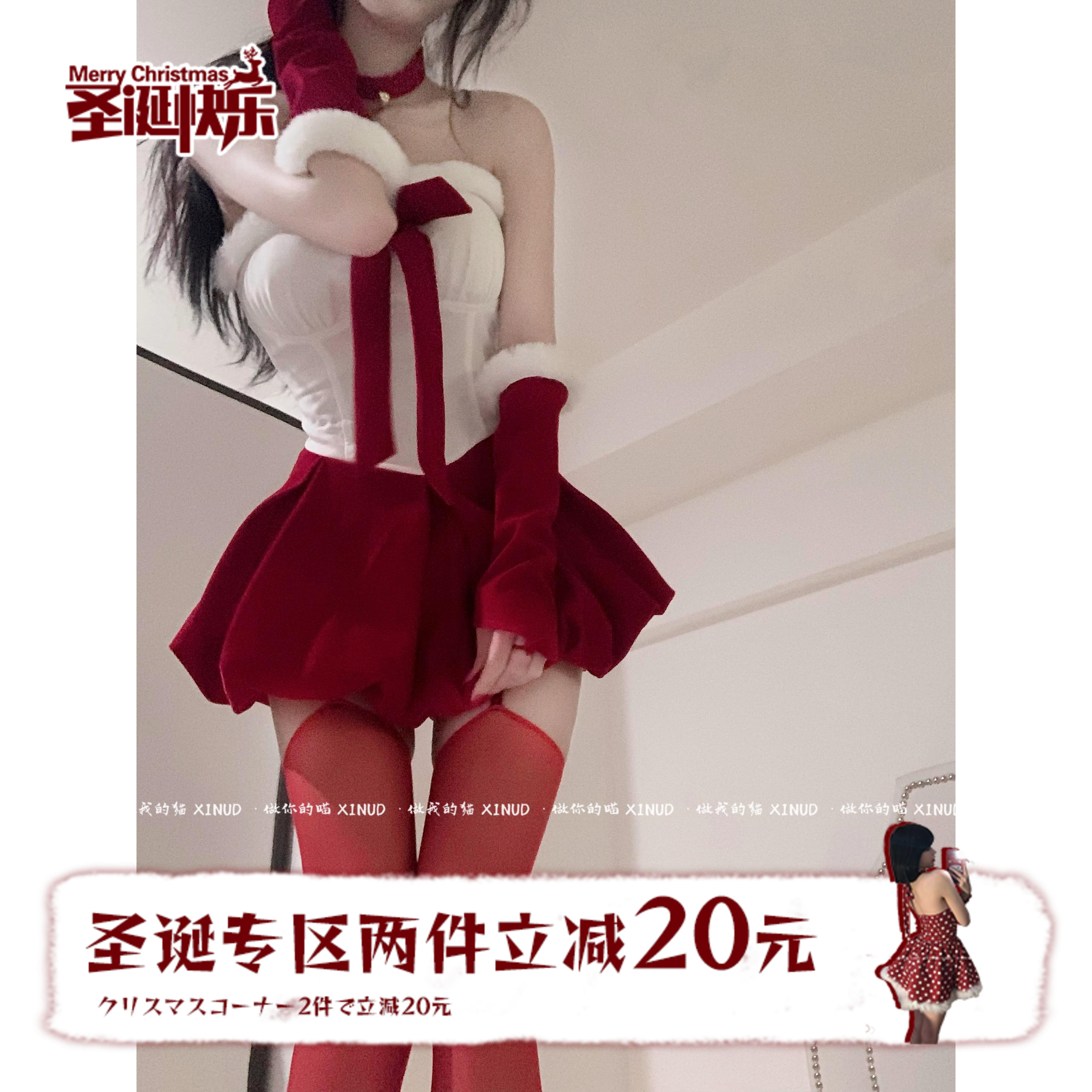 做你的猫：圣诞兔甜心*原创丝绒甜美蝴蝶结抹胸连衣裙甜美女短裙
