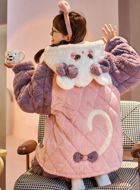 睡衣女秋冬季三层夹棉袄超厚保暖珊瑚绒加绒加厚家居服冬天款套装
