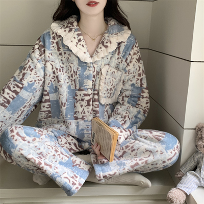 翻领睡衣女款冬季珊瑚绒加绒加厚可外穿防静电甜美小个子家居服