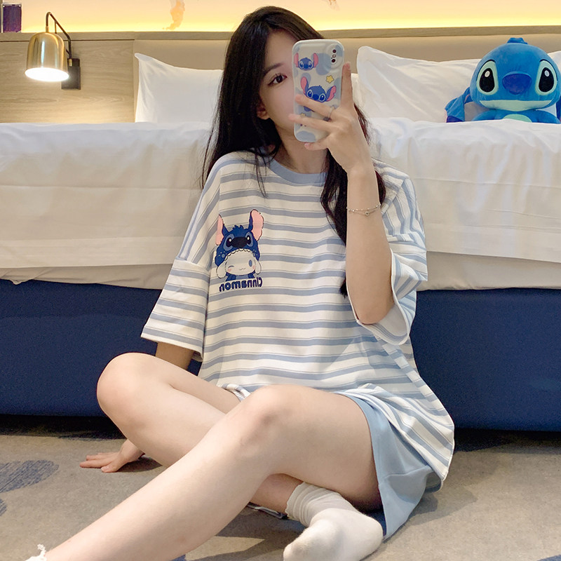史迪仔睡衣女夏季纯棉短袖条纹简约风卡通可爱玉桂狗薄款宽松套装