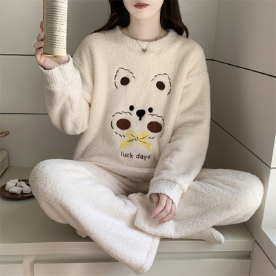 加绒加厚珊瑚绒套头睡衣女冬卡通法兰绒小个子可外穿防静电家居服