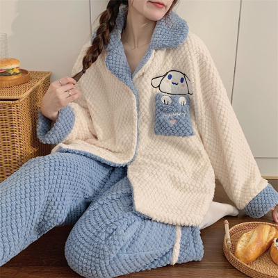 睡衣女防静电珊瑚绒冬季开衫加绒加厚法兰绒小个子可外穿家居服