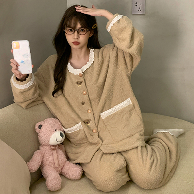 半边绒秋冬睡衣女珊瑚绒开衫加厚加绒加厚套装小个子可外穿家居服