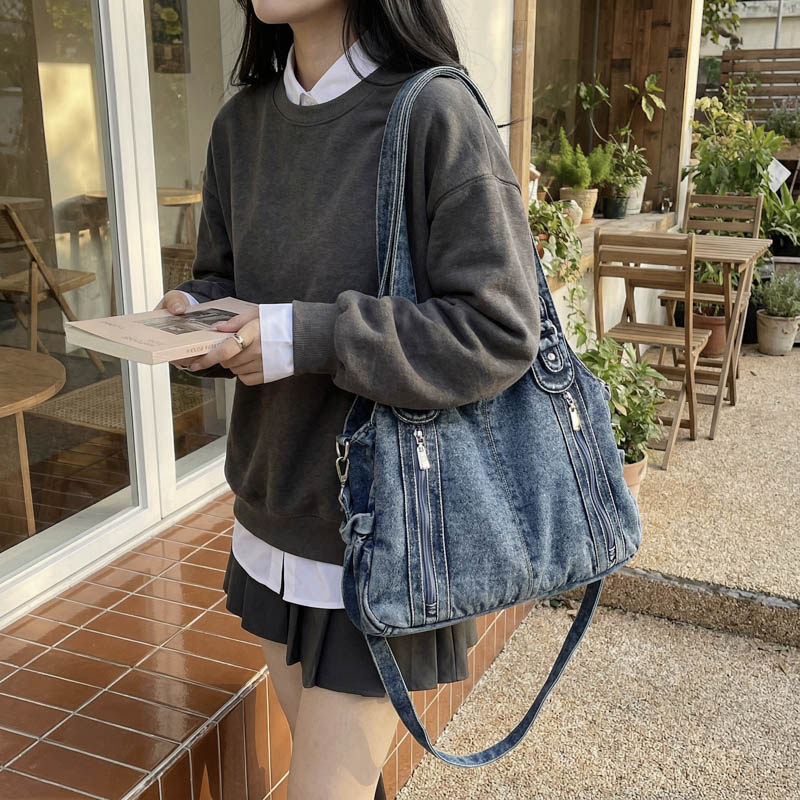 牛仔布包包女2026新款潮慵懒风托特包大容量水洗布通勤手提斜挎包