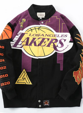 2024新款湖人欧美职棒球服棉衣blackair醋酸机车长袖字母黑白外套