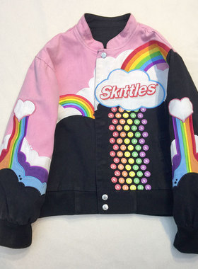 杜戴克新款男女潮牌工装新说唱新秀同款棒球服彩虹宽松短外套女