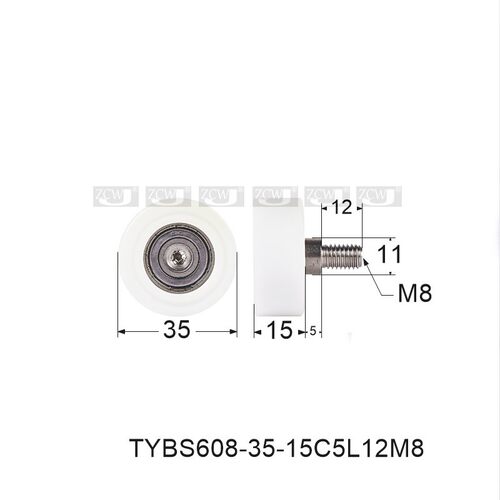 8*35*15包塑料轴承滚轮POM尼龙轮608带不绣钢螺杆螺丝外螺纹M8