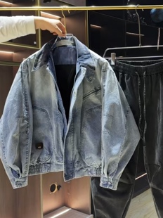 夹克男春季新款高街重磅翻领水洗牛仔外套男潮牌宽松痞帅百搭上衣