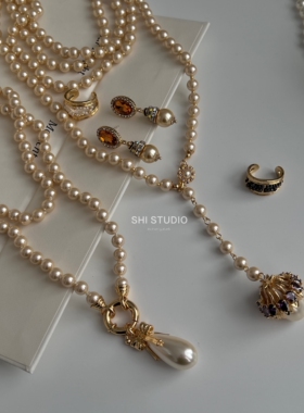 中古浪漫香槟金长款珍珠项链毛衣链法式高级耳钉戒指开口戒合集