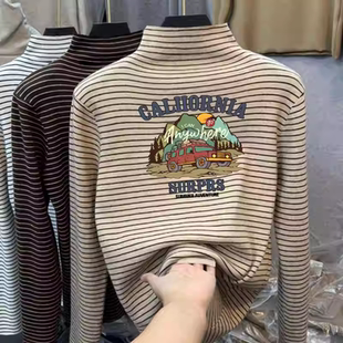 男女童半高领内搭打底衫秋冬儿童衣服加厚德绒保暖长袖条纹上衣