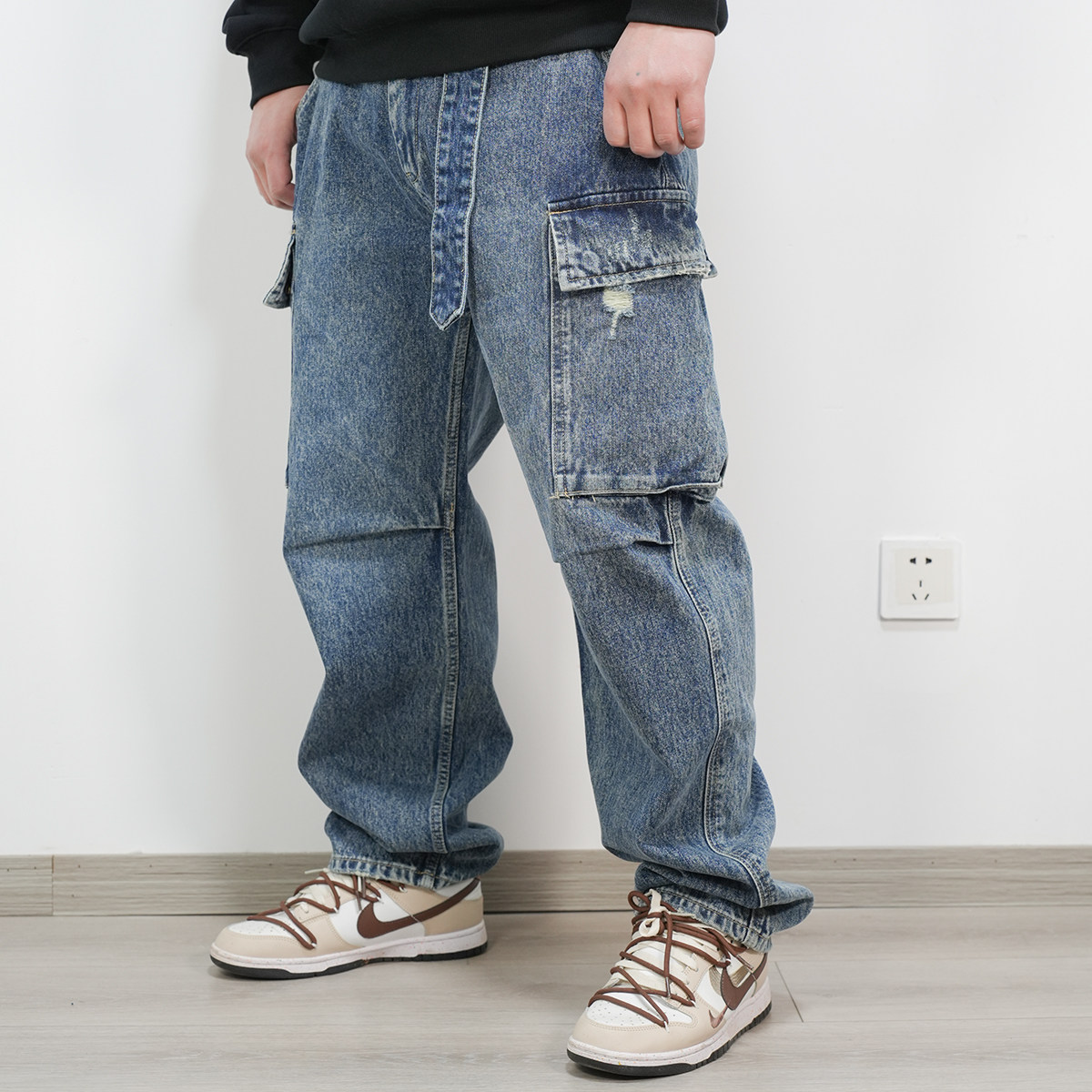 民生铺子美式复古26春季水洗做旧磨破多口袋腰带装饰工装牛仔裤