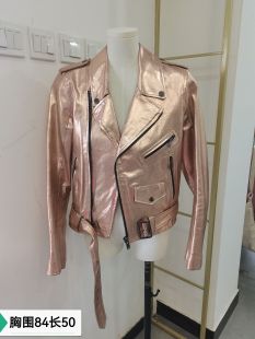 金属流金粉猪皮真皮外套机车皮衣皮夹克秋冬仿羊皮短款皮大衣女