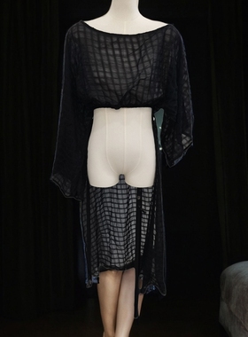 moment+女士透视格纹褶皱绑带宽松长袖上衣mt02299