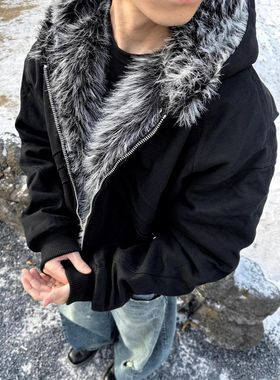 EME 16oz剪裁帆布座山雕仿兔毛通身冬季保暖廓形加绒夹克外套男女