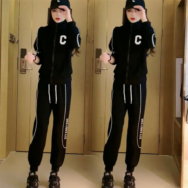 통근 여자 친구 캐주얼 숙녀 정장 2022 가을 새 스타일 지퍼 스웨터 스포츠 발 바지 인터넷 연예인 핫 스타일