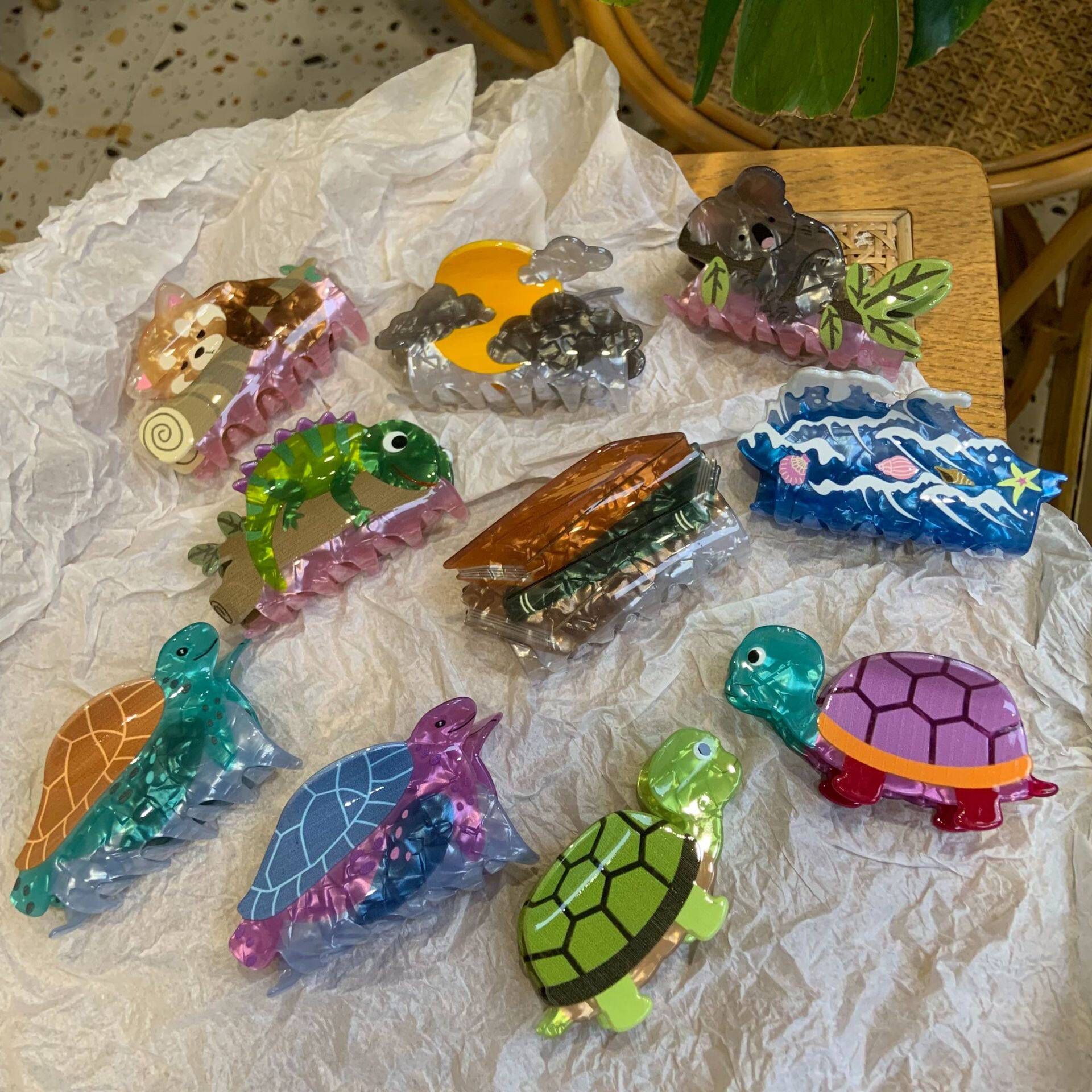新款亚克力卡通抓夹动物海龟小浣熊考拉海浪夹跨境发饰马尾夹