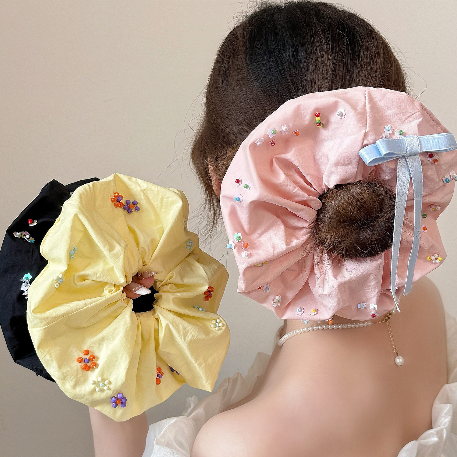 彩色糖豆串珠大号蓬松大肠发圈感森系温柔头绳时尚夏日发绳女
