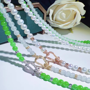 镀18k金镶嵌锆石小米珠链扣 翡翠珍珠手链项链扣头珠宝马蹄扣配件