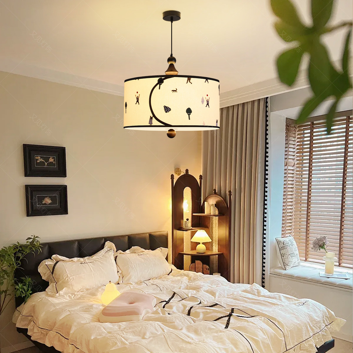 中古风民宿客房吊灯 复古实木布艺卡通书房温馨儿童房装饰灯
