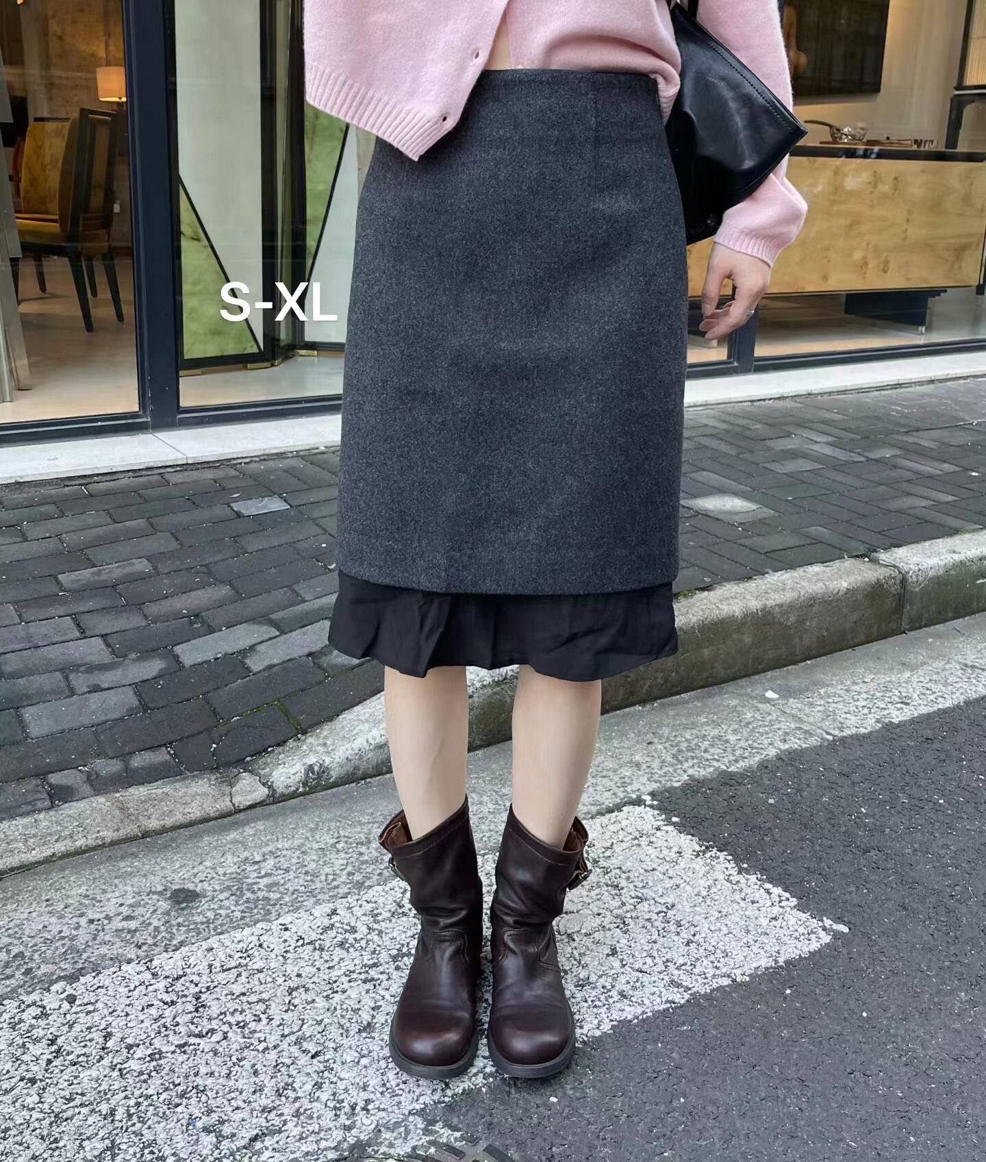 韩国东大门正品女装2026新款百搭显瘦高腰拼接毛呢A字裙半身短裙