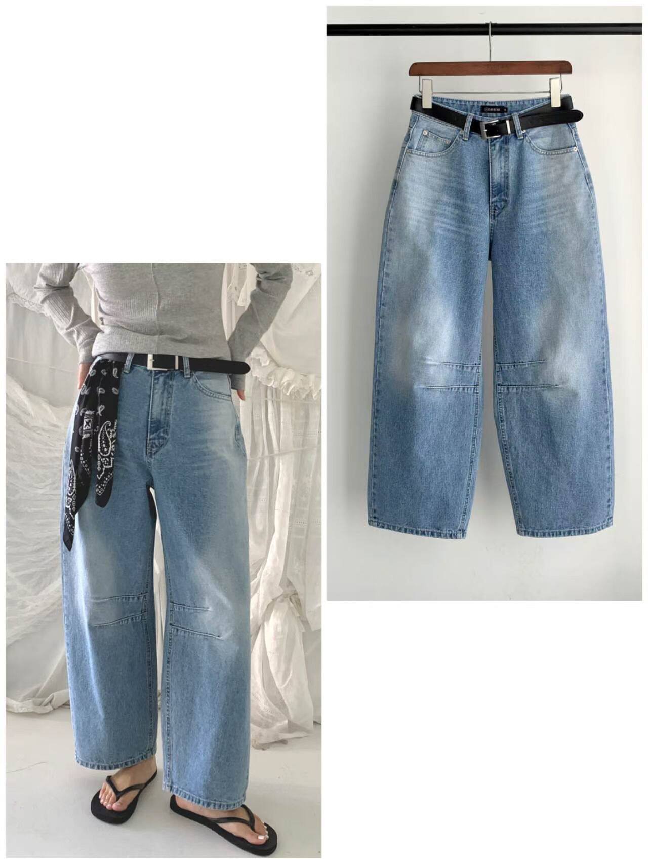 韩国东大门正品女装 2026春夏新款 浅蓝色直筒阔腿裤八分休闲牛仔