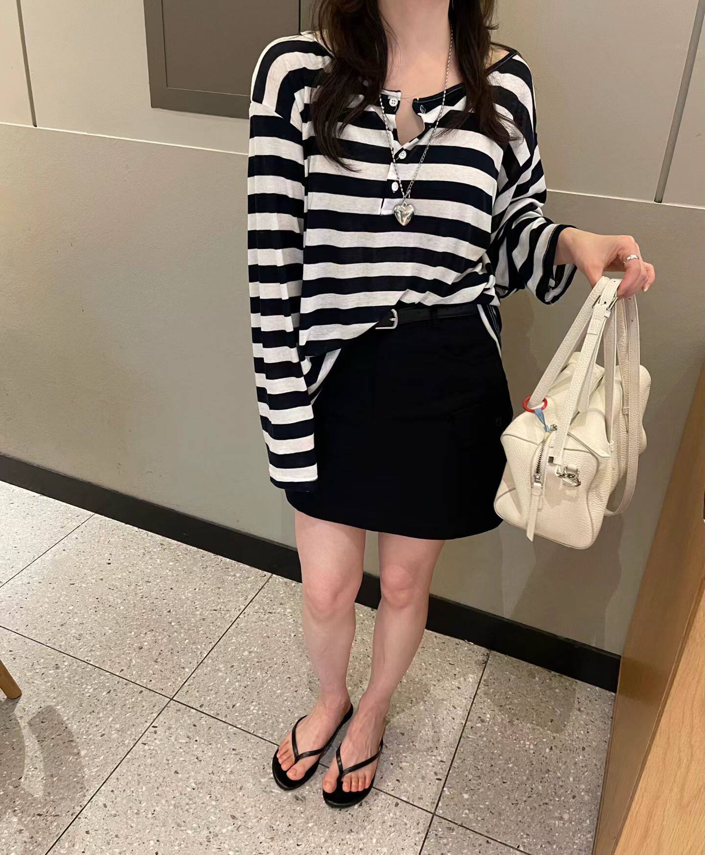 韩国东大门正品一字圆领条纹半开纽扣长袖T恤女宽松显瘦百搭休闲