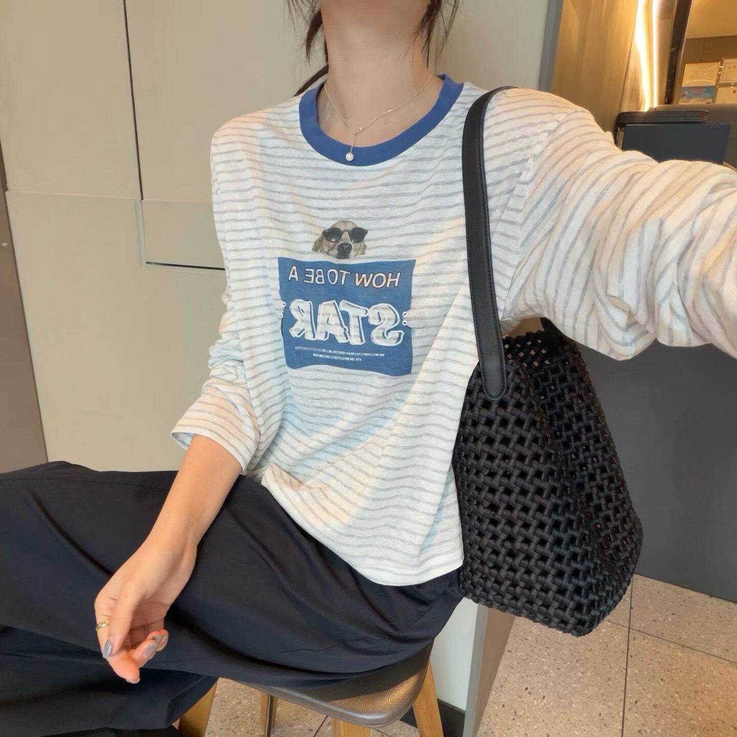 韩国东大门正品女装百搭圆领条纹长袖防晒薄款T恤宽松显瘦打底衫