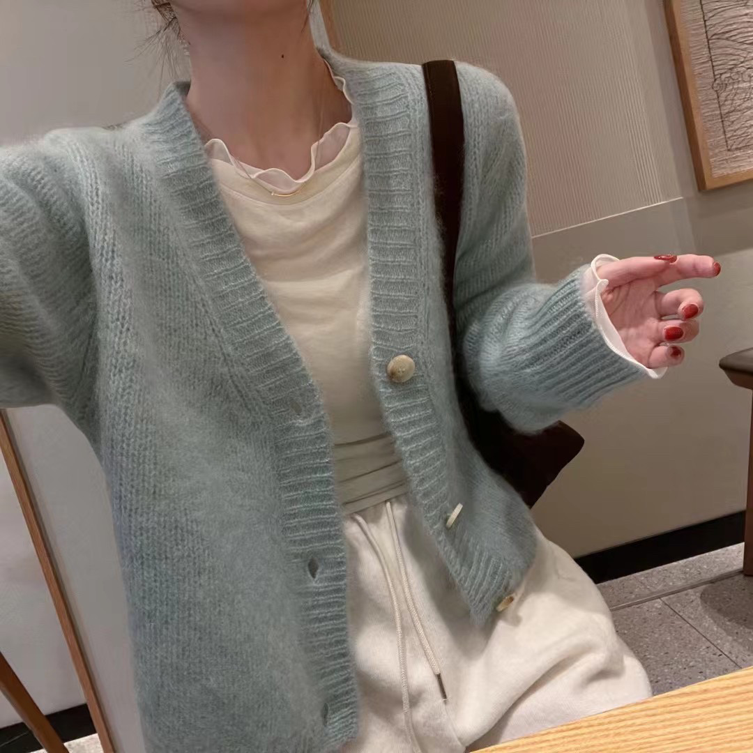现!韩国东大门正品女装 冬季新款v领单排扣百分百山羊绒针织开衫