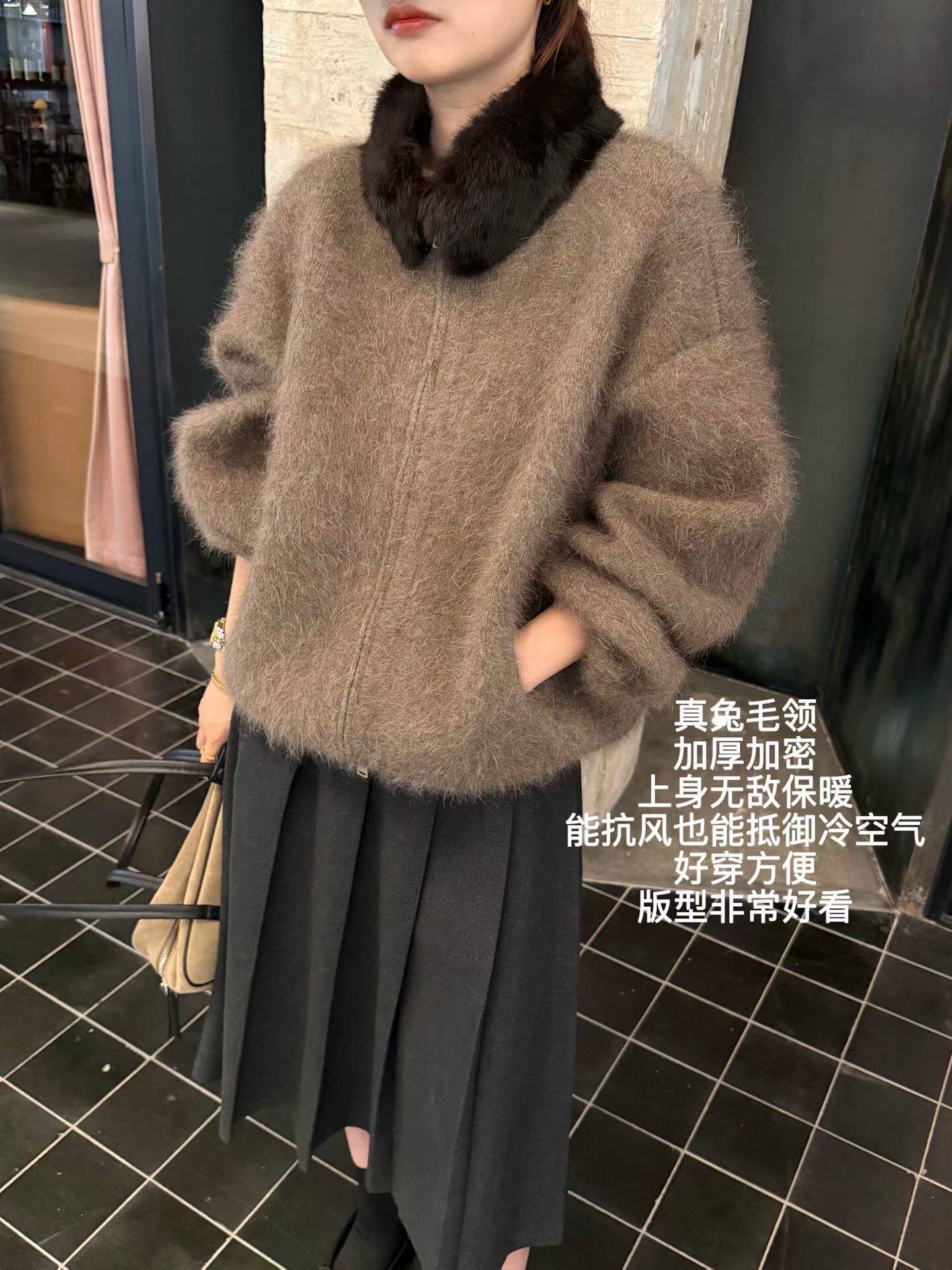 韩国东大门正品女装百搭显瘦纯色拼接兔毛领子针织开衫毛衣外套