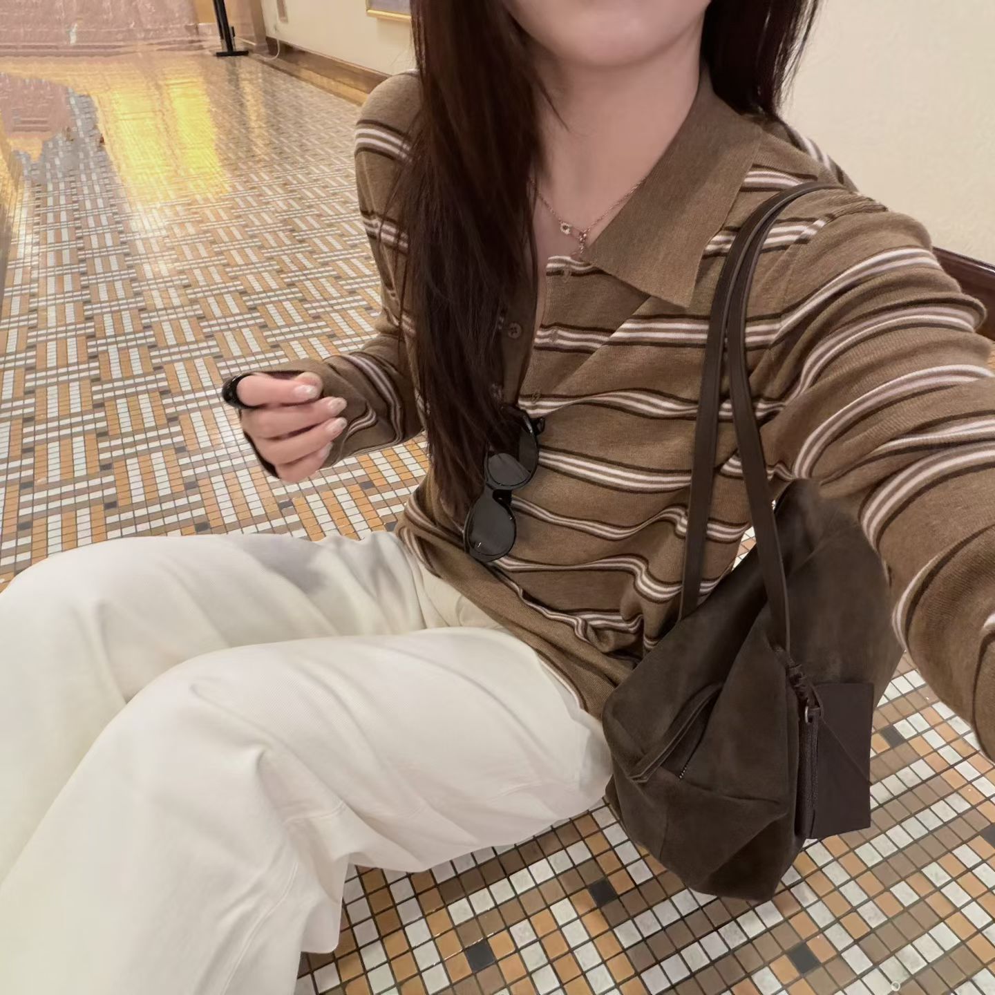 韩国东大门正品2026秋拼色条纹polo领百搭显瘦长袖针织女宽松上衣